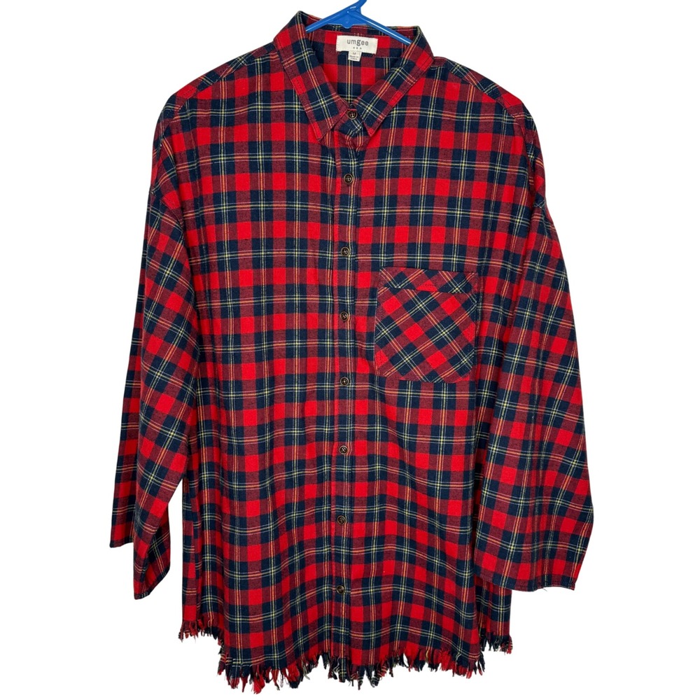 UMGEE Red Navy‎ Yellow Plaid Frayed Hem Long Sleeve Button Up Shirt Women Sz M